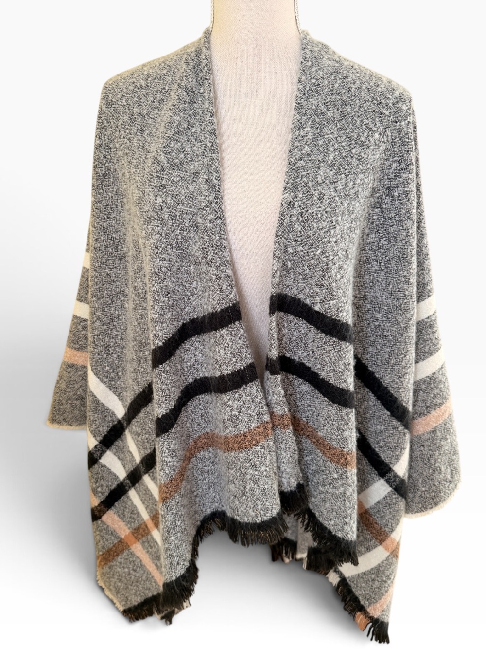 Soft Surroundings Gray Marled Knit with Plaid Open-Front Poncho Blanket Sweater